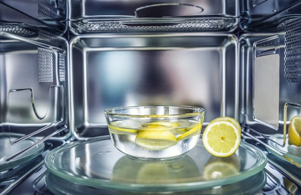 microwave cleaning with lemon close up
