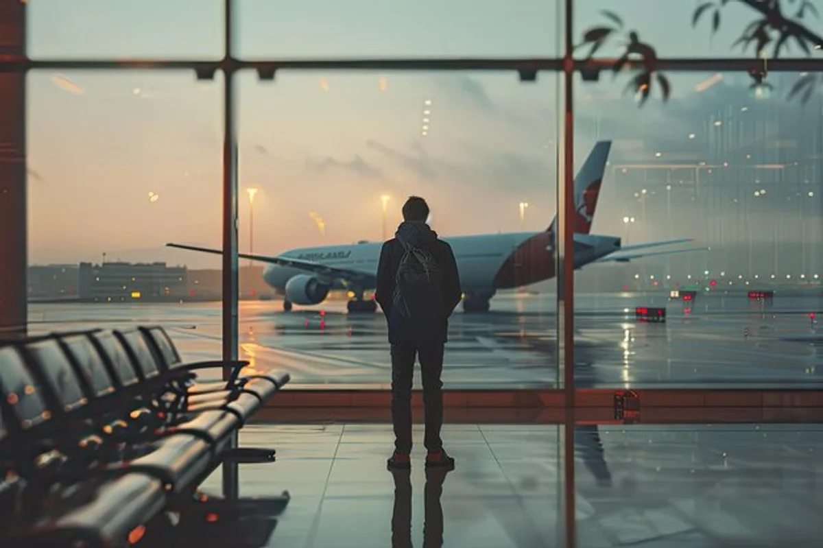 traveler relaxing at airport window sunrise