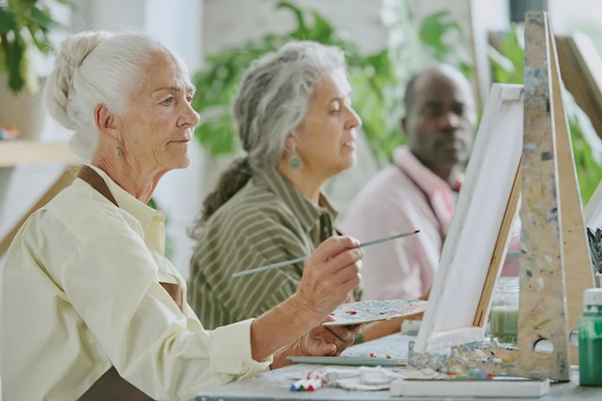 senior creative hobbies relaxing watercolor workshop group elderly