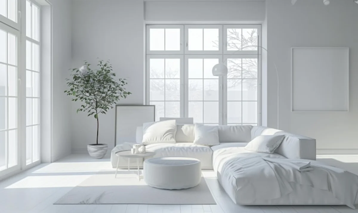 minimalist living room with natural light and few modern furnitures