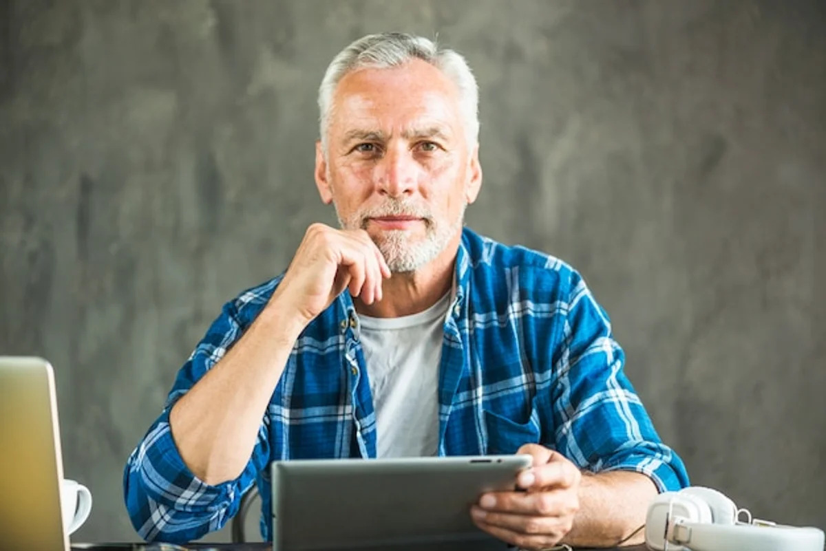 senior using tablet technology confident home