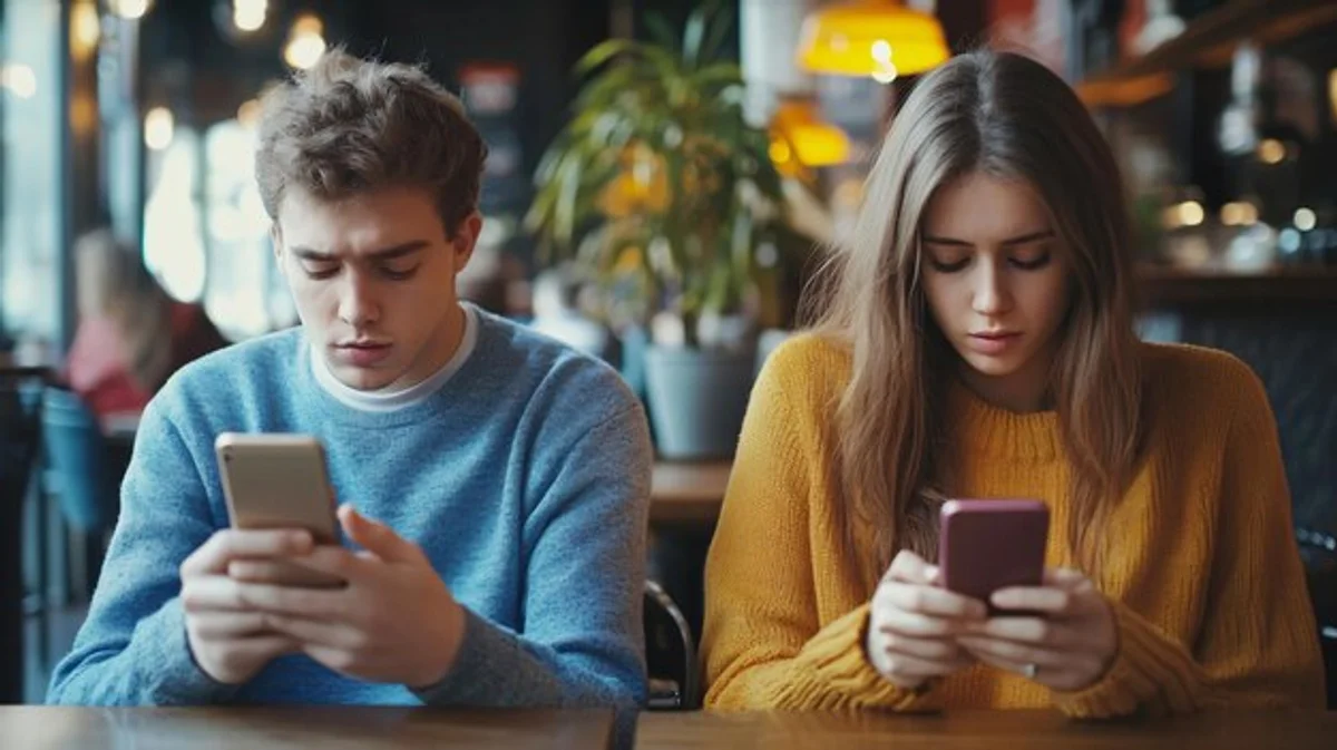 couple ignoring each other with smartphones in cafe