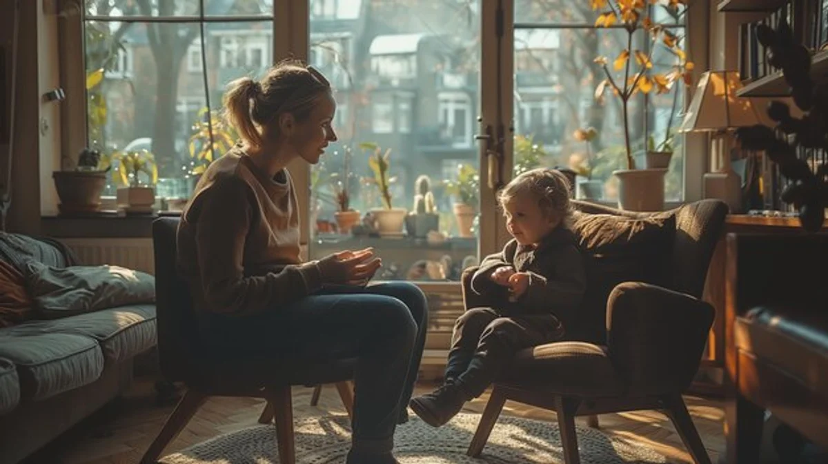parent talking to child about emotions happy cozy