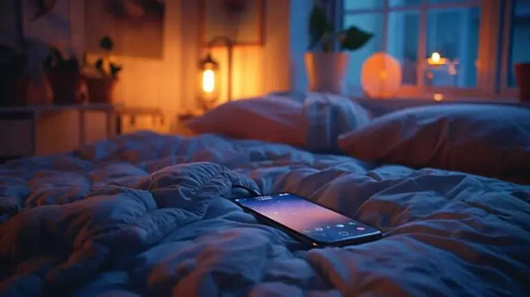 smartphone charging at night on bedside table