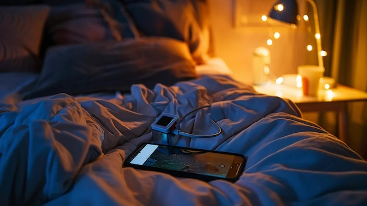smartphone charging at night next to bed