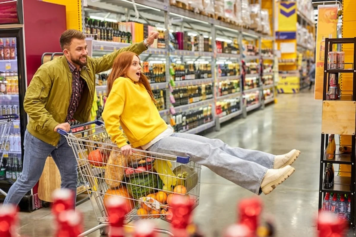 German family using grocery app at the supermarket