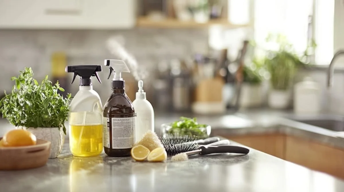 woman eco friendly cleaning kitchen glass spray lemon vinegar
