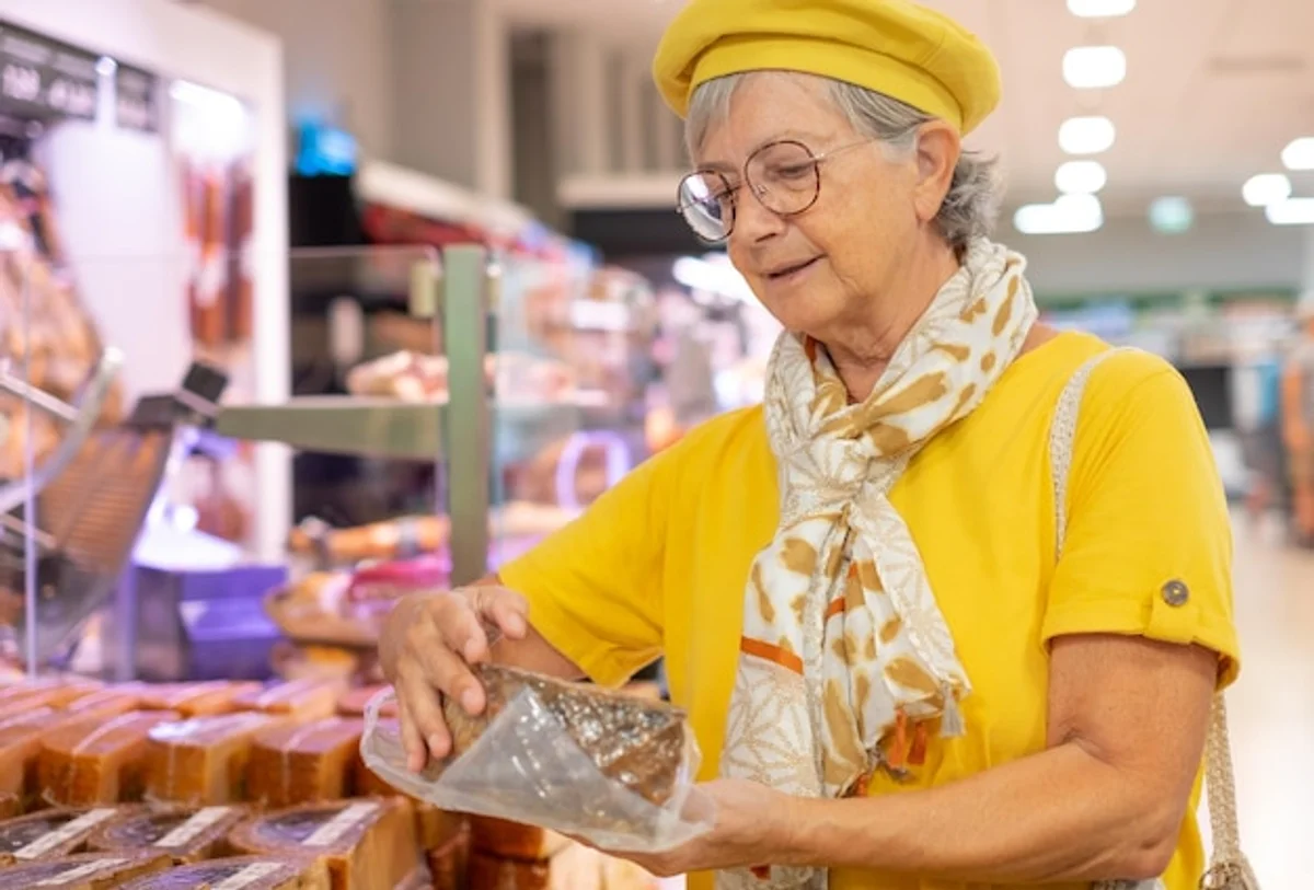 smiling senior woman shopping groceries basket store germany