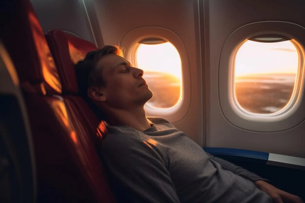 tired traveler airplane window seat sunrise
