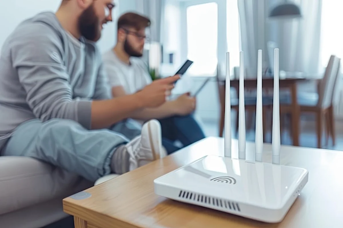 modern wifi router and person adjusting settings at home