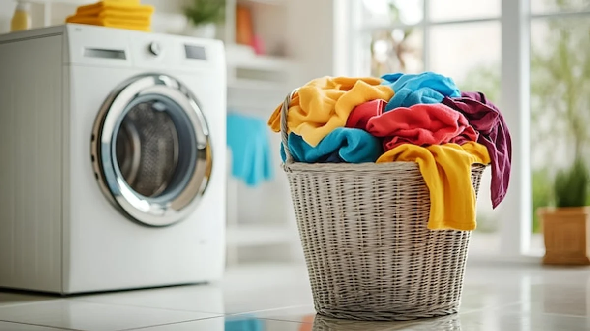 washing machine overflowing with laundry, colorful clothes style