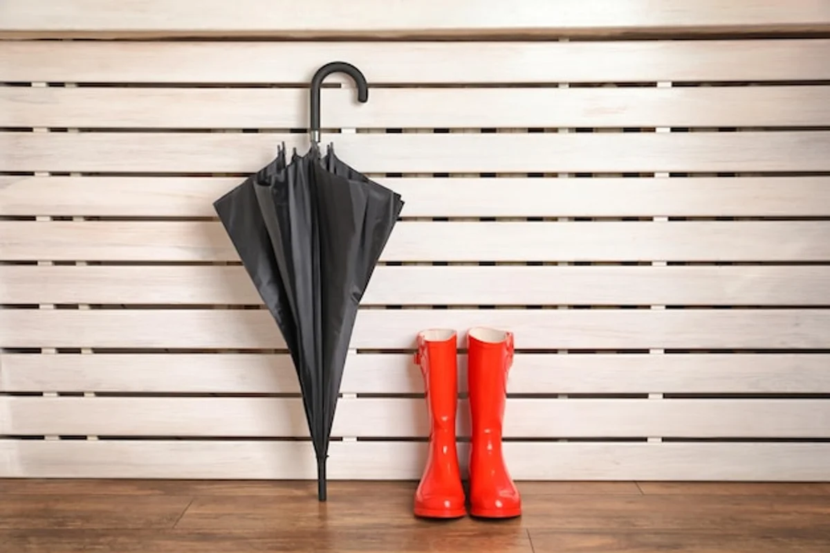 wet umbrella on parquet floor at home