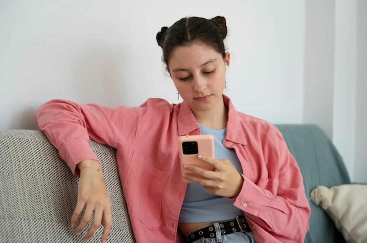 german woman using smartphone to track expenses at cafe