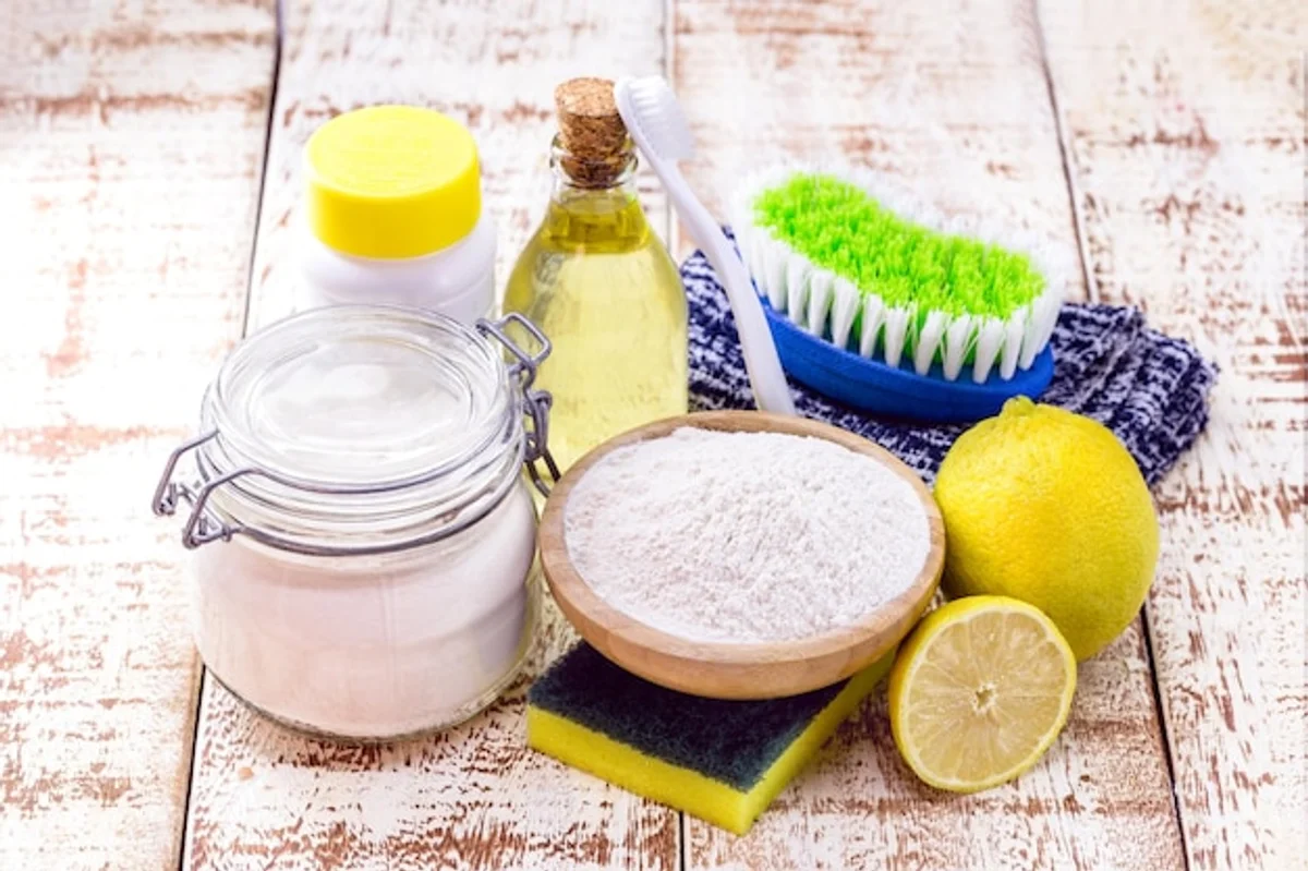DIY natural cleaning ingredients on kitchen table