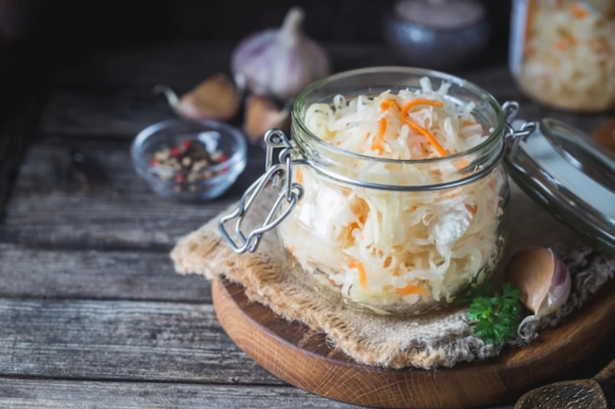 homemade sauerkraut in jar on wooden table rustic