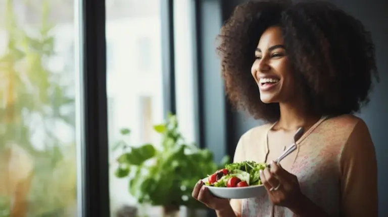 woman eating colorful vegetables happy hair