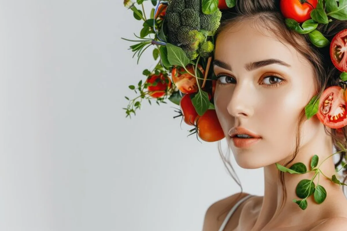 woman eating colorful vegetables happy hair