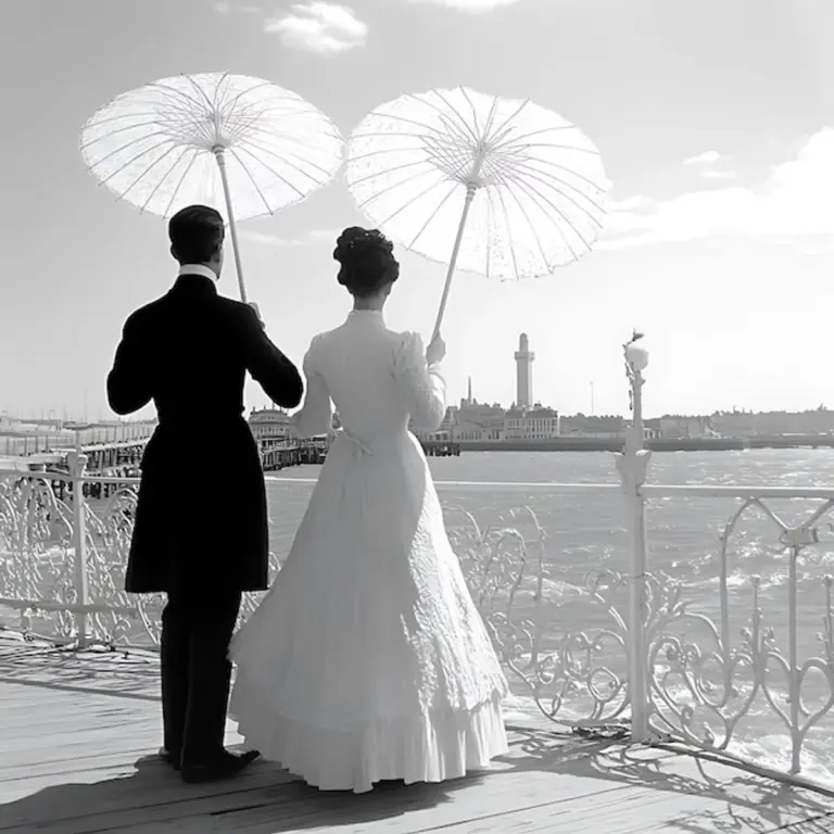 old couple vintage umbrella conversation