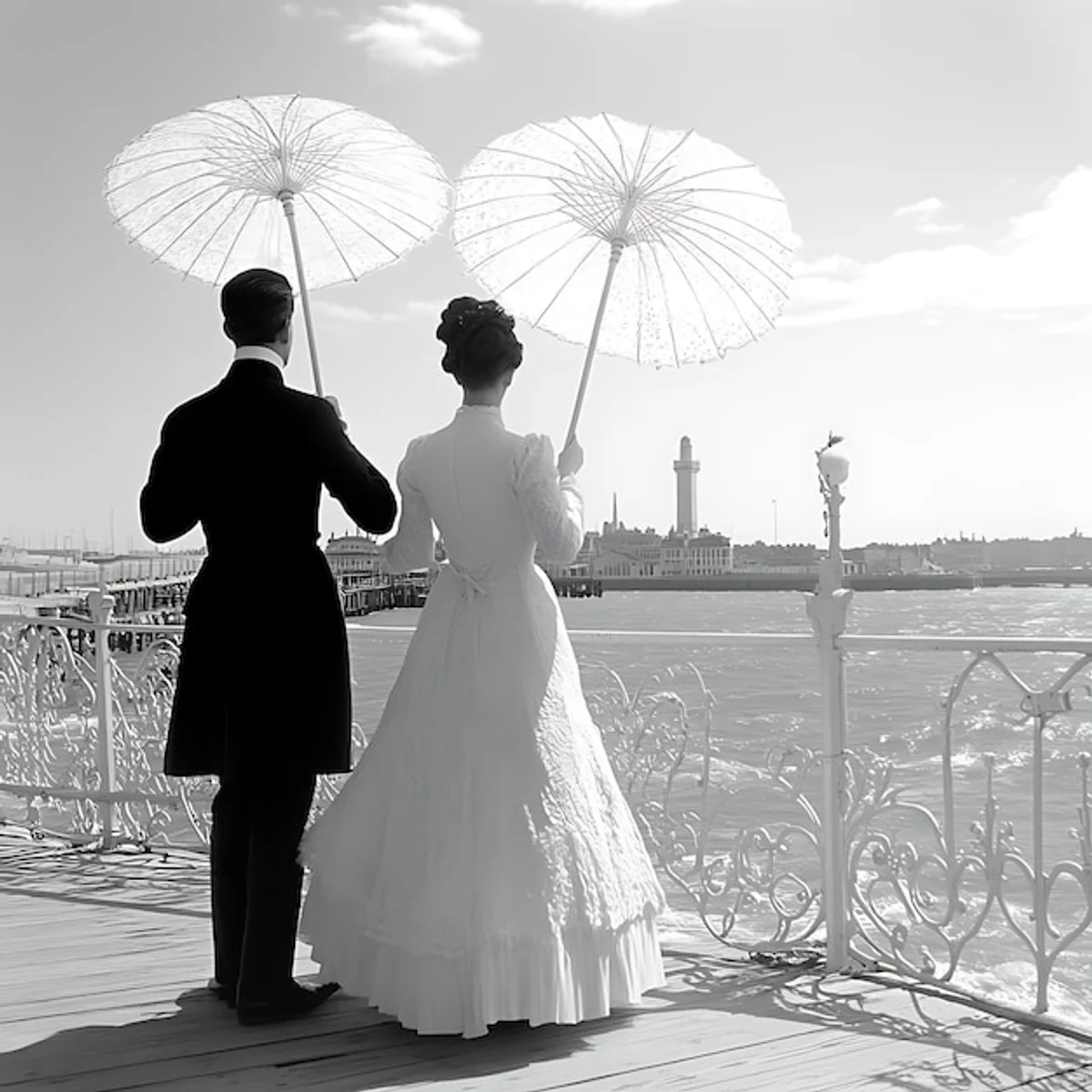old couple vintage umbrella conversation