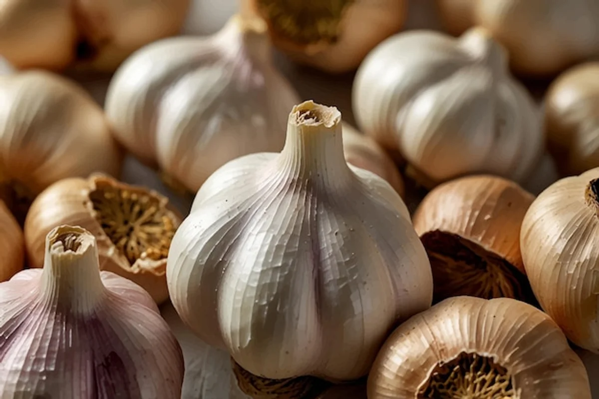 close up garlic bulbs on wooden table