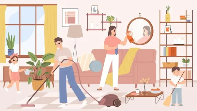 happy family kids parents cleaning together fun living room