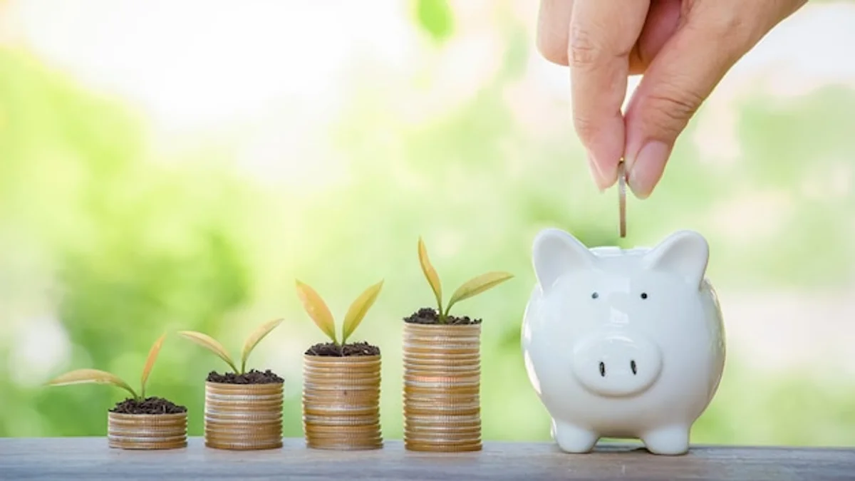 hand putting coin in piggy bank, close up, growing savings