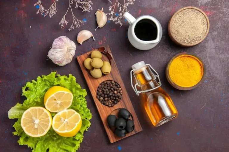 fresh colorful salad herbs citrus top view