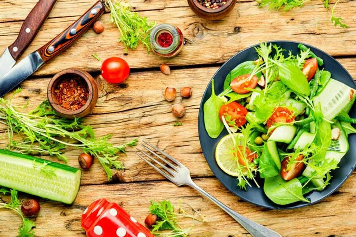 healthy salad ingredients flat lay herbs citrus nuts