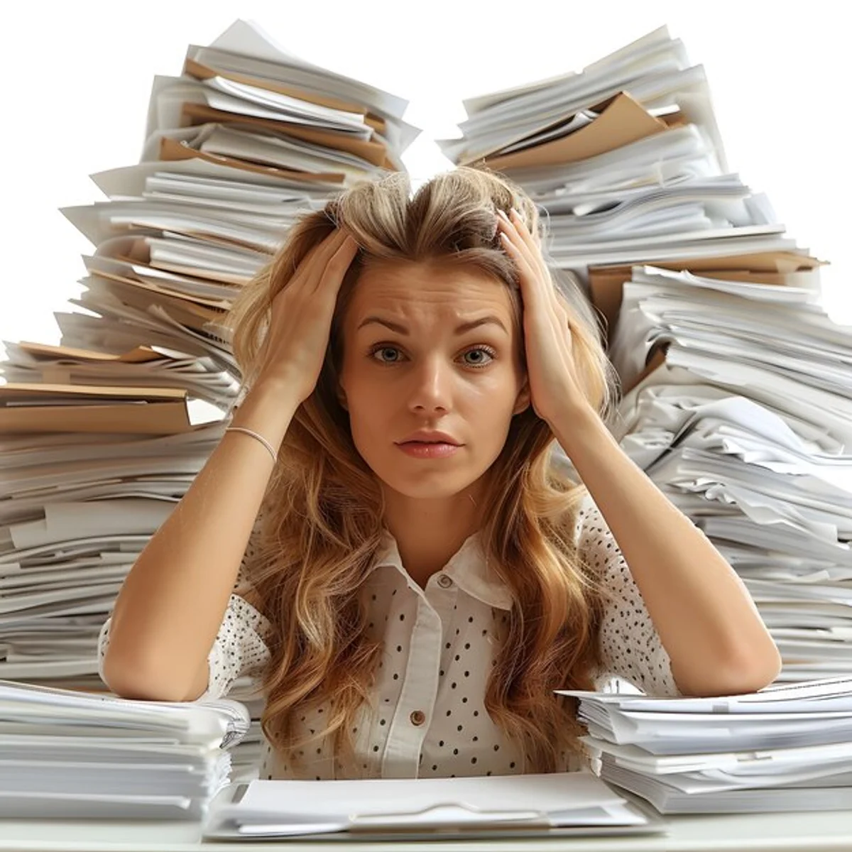 overwhelmed office worker holding paperwork looking tired