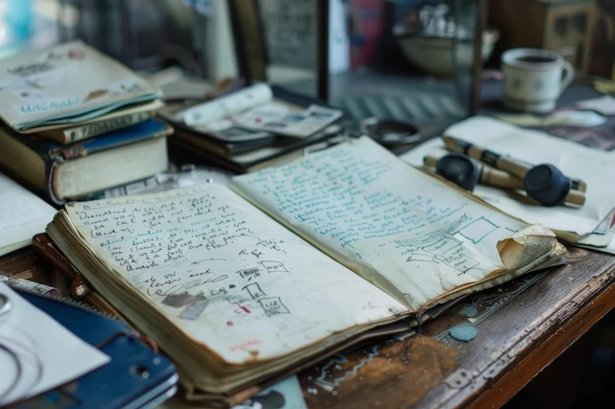 old handwritten university notebook on desk