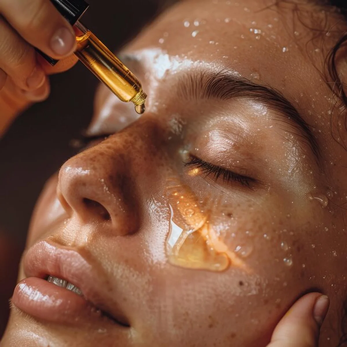 woman applying natural oil to face close up