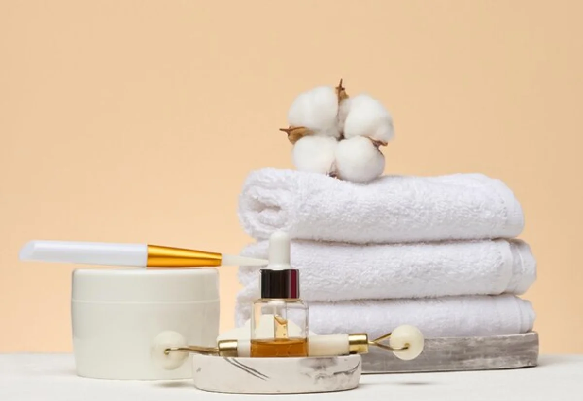 bottle of almond oil next to cotton towels minimalistic