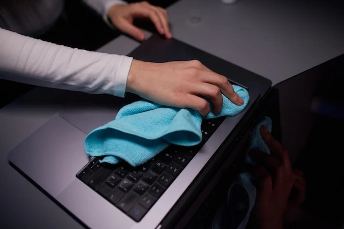 cleaning laptop screen with microfiber cloth