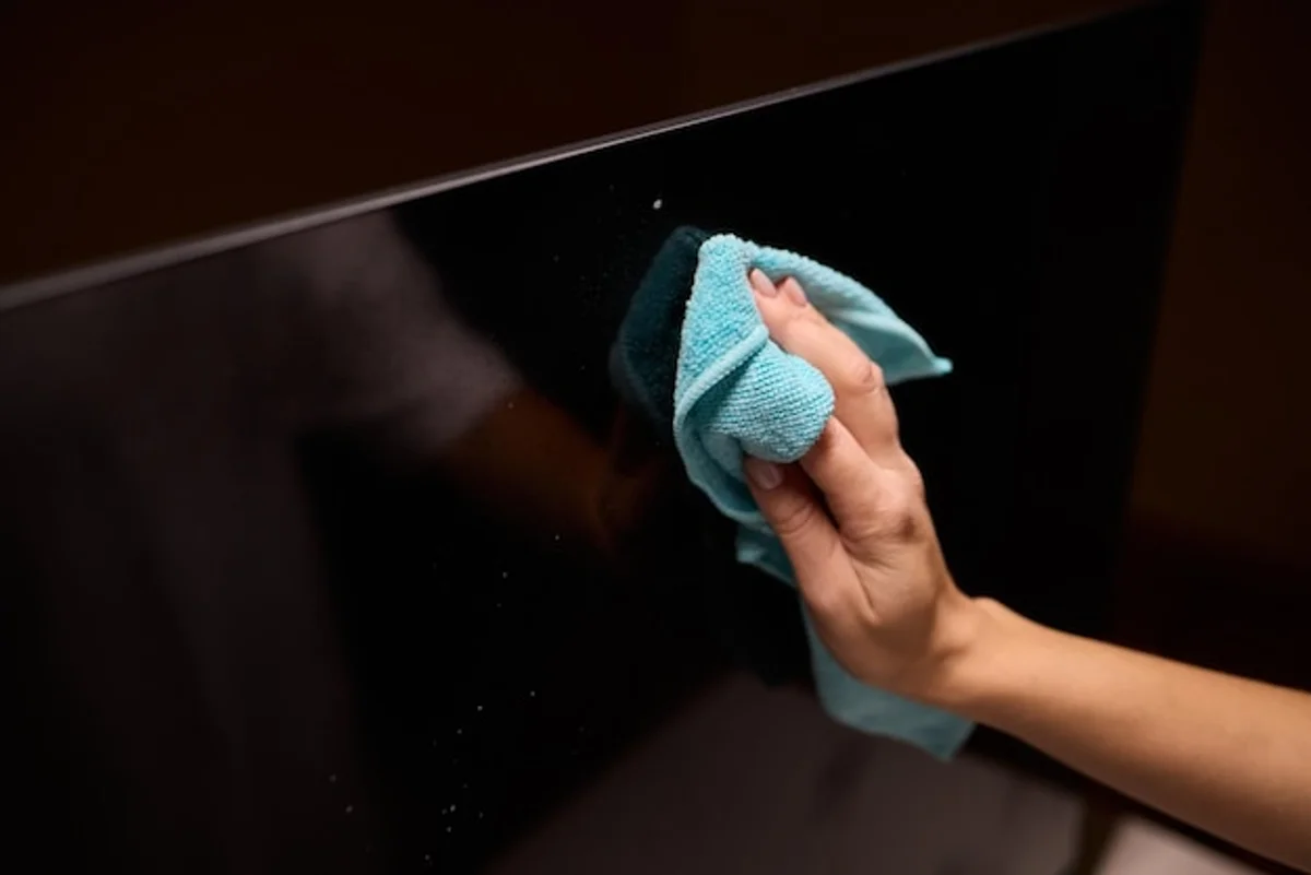 close up TV screen cleaning with microfiber cloth hand
