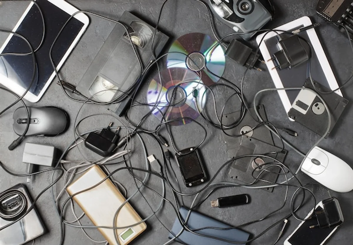 old powerbank with smartphone and accessories