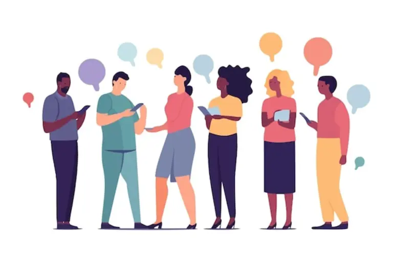 diverse people communicating online with digital devices